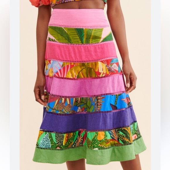 FARM Rio Dresses & Skirts - Farm RIO Rainbow Mixed Tiered Skirt Tropical Bird  cheetah Animal Print
